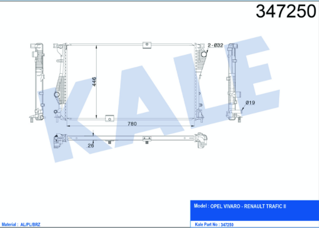[KALE 347250] Trafic Komple Radyatör 2014- 2.0 M9R 214109682R 4406359 93865588