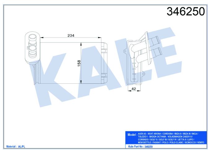 [KALE 346250] Caddy 96-03 Golf 86-01 Passat 88-93 Polo 95-00 Polo Classic 96-02 İbiza 93-02 Kalorifer Radyatörü 1H1819031B