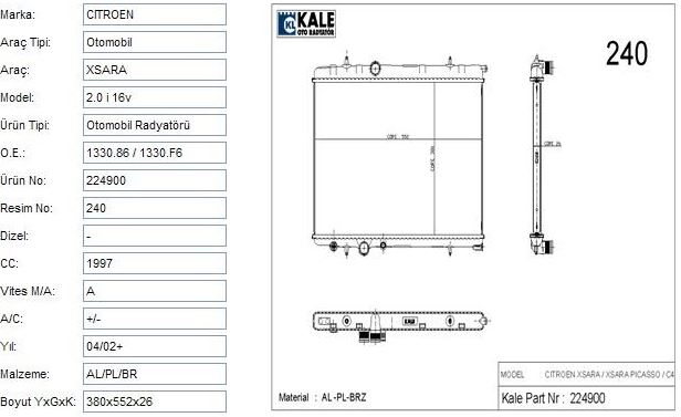 [KALE 2018191AB] P307 1.6 Otomatik Vites A.C 1.6 16V Komple Radyatör