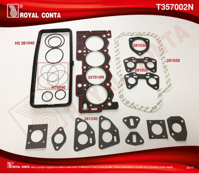[ROYAL 357002] P106 P206 P306 C2 C3 1.4 8V (96-10) Üst Takım Conta